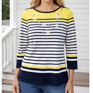 Alfred Dunner Petite PM Beaded Daisy Striped Knit Top NWT Preppy